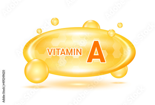 Vitamin A and minerals complex. Glossy vitamins pills capsules. Pill, Healthy food supplement. Medical scientific and healthcare concept. Isolated on white background 3D Vector EPS10.