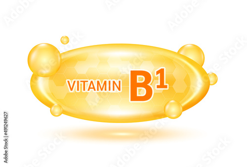 Vitamin B1 and minerals complex. Glossy vitamins pills capsules. Pill, Healthy food supplement. Medical scientific and healthcare concept. Isolated on white background 3D Vector EPS10.