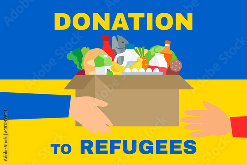 donation to ukraine refugees volunteering hand gives box with food vector illustration