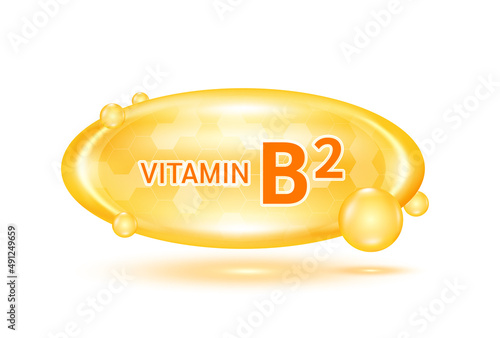 Vitamin B2 and minerals complex. Glossy vitamins pills capsules. Pill, Healthy food supplement. Medical scientific and healthcare concept. Isolated on white background 3D Vector EPS10.