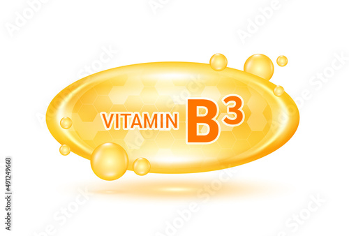 Vitamin B3 and minerals complex. Glossy vitamins pills capsules. Pill, Healthy food supplement. Medical scientific and healthcare concept. Isolated on white background 3D Vector EPS10.