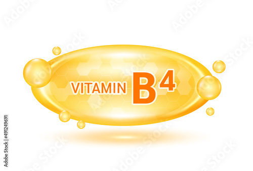 Vitamin B4 and minerals complex. Glossy vitamins pills capsules. Pill, Healthy food supplement. Medical scientific and healthcare concept. Isolated on white background 3D Vector EPS10.