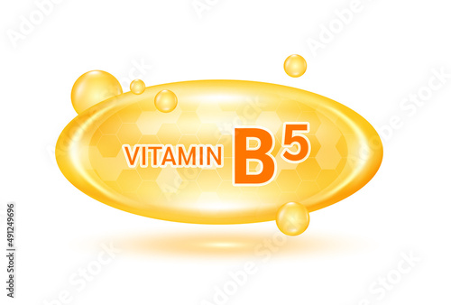 Vitamin B5 and minerals complex. Glossy vitamins pills capsules. Pill, Healthy food supplement. Medical scientific and healthcare concept. Isolated on white background 3D Vector EPS10.