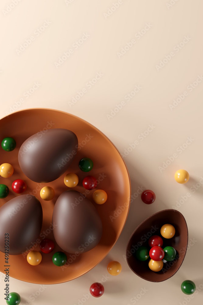 delicious chocolate easter eggs on cream color background.  flat lay. top view. happy easter day concept. 3D illustration