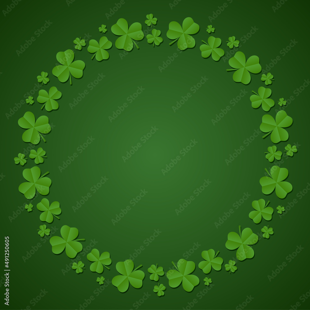 Happy St. Patrick's Day background. Round frame of shamrocks. Wreath made from confetti clovers. Vector illustration Happy St. Patrick's Day background. Round frame of shamrocks. Wreath made from confetti clovers. Vector illustration