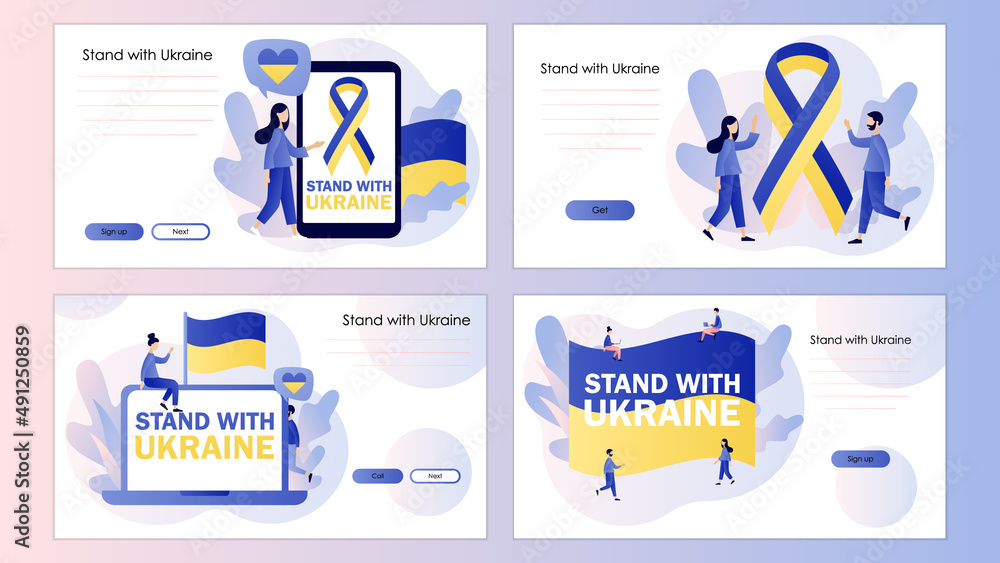 Ukrainian flag stripe ribbon. Blue and yellow tape. Flag of Ukraine. Stand with Ukraine. Stop war. No war. Screen template for landing page, template, ui, web, mobile app, poster, banner, flyer.Vector