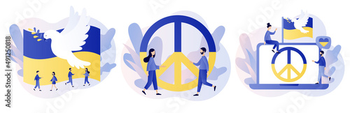 Ukraine peace symbols. Flag of Ukraine. Dove of peace. Stand with Ukraine. Stop war. No war. Modern flat cartoon style. Vector illustration on white background