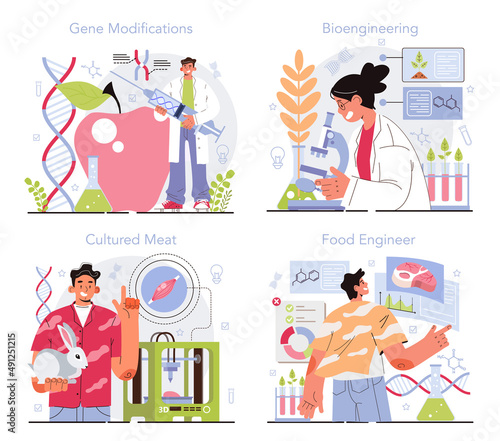 Bioengineering concept set. Biotechnology for food engineering