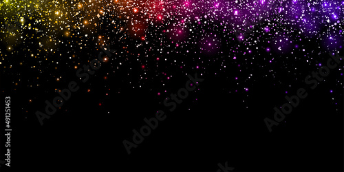 Wide multicolor yellow red pink violet glitter holiday confetti with glow lights on black background. Vector