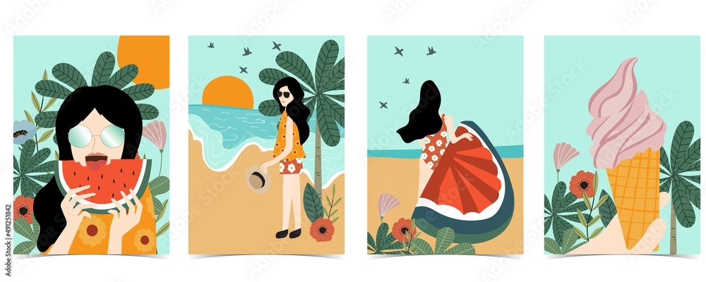 Summer postcard with women,flower,beach,tree,watermelon,ice cream and leaf