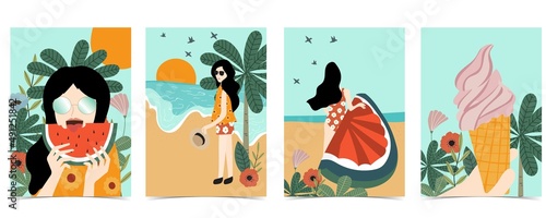 Summer postcard with women,flower,beach,tree,watermelon,ice cream and leaf