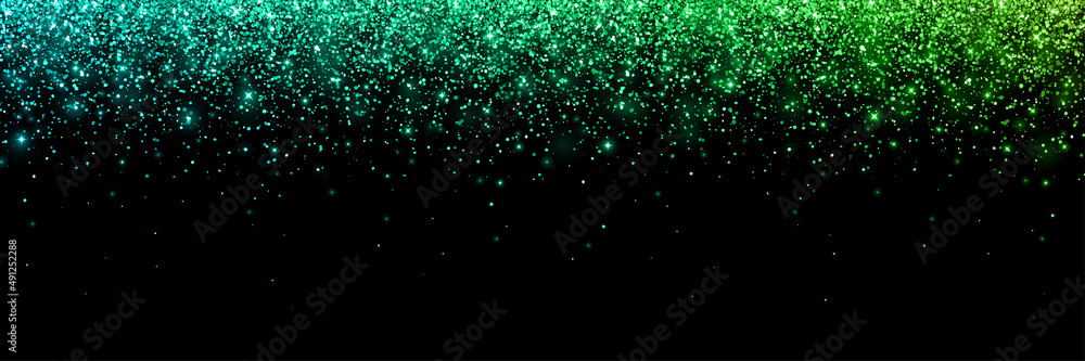 Wide blue green falling particles with glow lights on black background ...