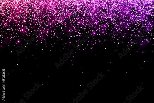 Pink violet falling glitter particles on black background. Vector