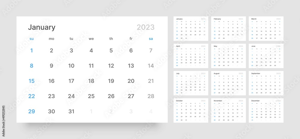 Monthly calendar template for 2023 year. Wall calendar in a minimalist style. Week Starts on Sunday. Monthly calendar template for 2023 year. Wall calendar in a minimalist style. Week Starts on Sunday.