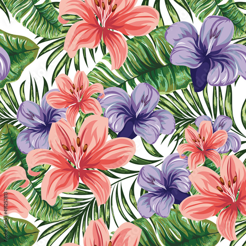 Flowers. Seamless pattern with tropical flowering plants. Vector image. 