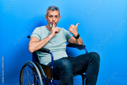 Handsome middle age man with grey hair sitting on wheelchair asking to be quiet with finger on lips pointing with hand to the side. silence and secret concept.