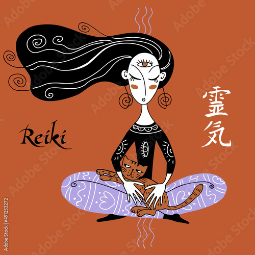 Reiki healing. The girl is doing a healing session in the flow of Reiki energy for the cat. Vector.