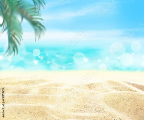 夏の砂浜とボヤけた雲のある青い空とヤシの木と海の美しいフレームイラスト素材
