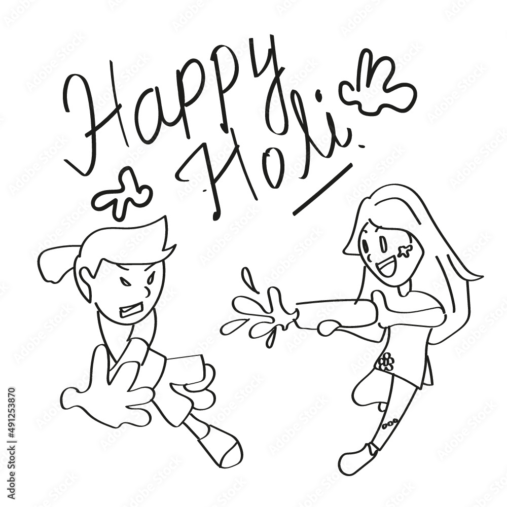 Happy holi festival post with hand drawn illustration, happy kids drawing Happy holi festival post with hand drawn illustration, happy kids drawing