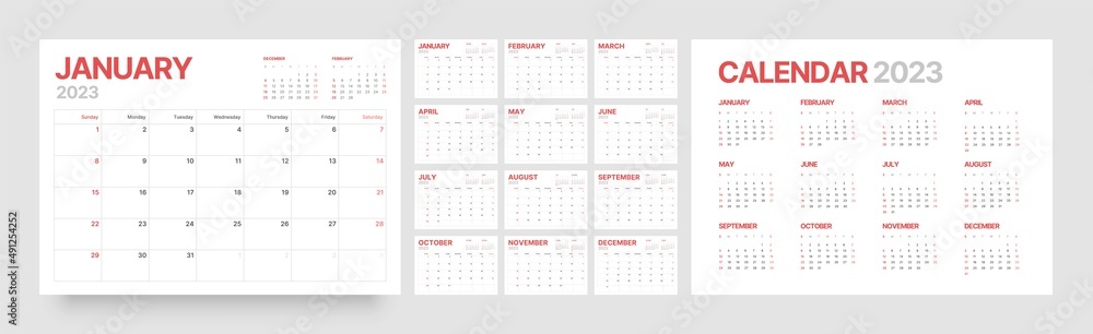 Monthly calendar template for 2023 year. Wall calendar in a minimalist style. Week Starts on Sunday. Monthly calendar template for 2023 year. Wall calendar in a minimalist style. Week Starts on Sunday.