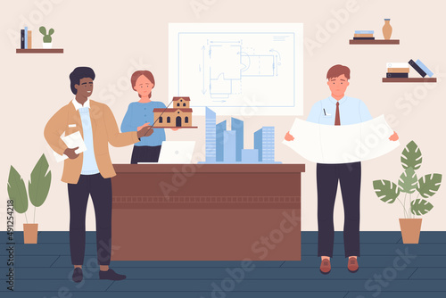City construction, engineering technology. Architects work on skyscraper house project in urban district, team of people on meeting presentation flat vector illustration. Architecture planning concept