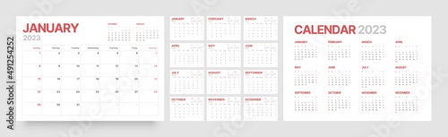 Monthly calendar template for 2023 year. Wall calendar in a minimalist style. Week Starts on Sunday.