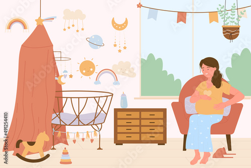 Happy young pregnant woman sitting near window of babys nursery at home. Mom preparing beautiful room interior with crib and toys for kid flat vector illustration. Pregnancy, maternity, family concept