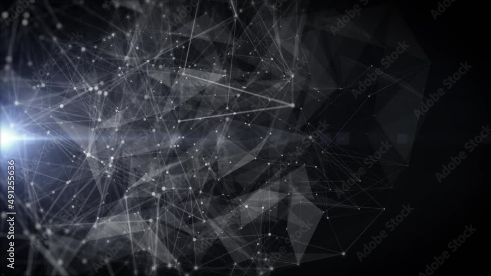 Abstract Black White Digital Data Communication Plexus Polygonal Structure. Dots Lines Connection Wireframe Spinning Loop 4K Copy Space Motion Background.