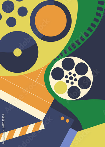 Poster with clapperboard and film projector. Cinema placard design in abstract style.