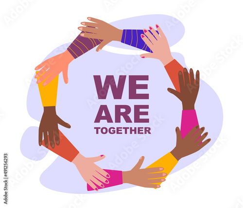 Unity concept. Different people unite together. Join hands and pieces