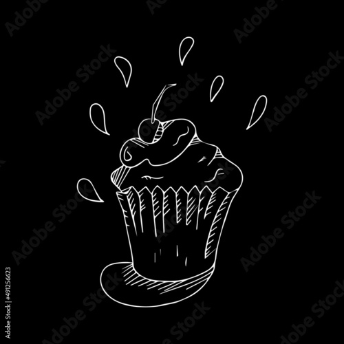 The scribble of a cake. Doodle a pie. A hand-drawn cake on a black background. It can be used for backgrounds, for patterns, for menus.