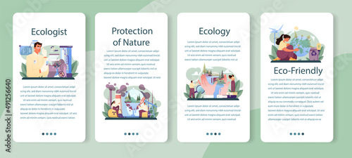 Ecologist mobile application banner set. Scientist taking care of nature