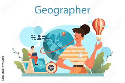 Geographer concept. Studying the lands, features, inhabitants of the Earth.