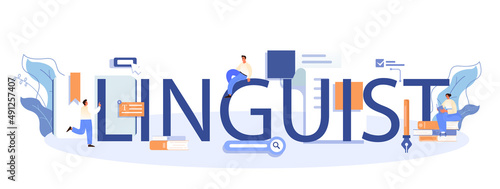 Linguist typographic header. Scientific study of language, its history