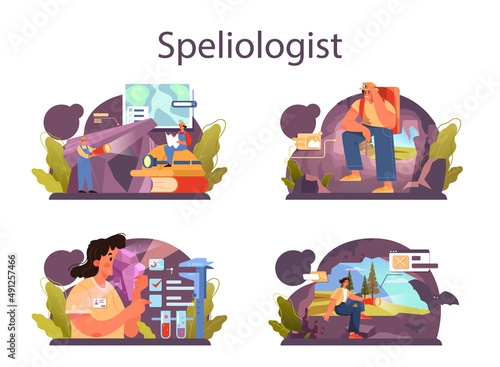 Speleologist concept set. Scientst exploring deep cave with special
