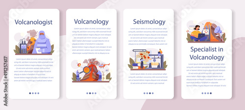Volcanologist mobile application banner set. Geologist studying the processes