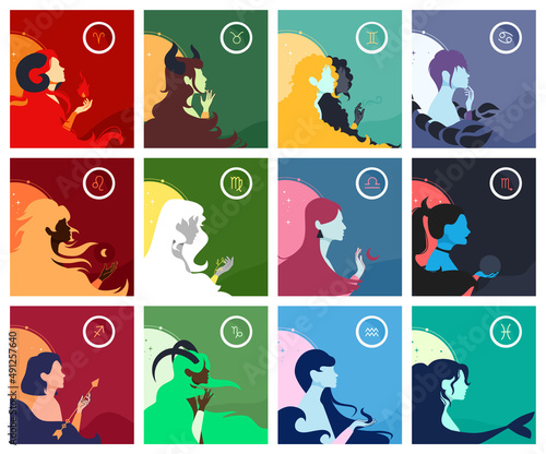 Vector illustration with zodiac astrological female characters. Set of cards and signs on a colored background with woman silhouette