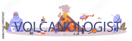 Volcanologist typographic header. Geologist studying the processes