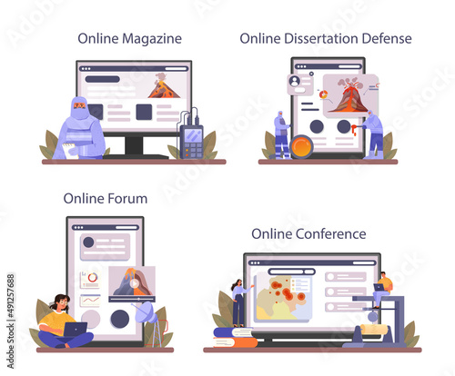 Volcanologist online service or platform set. Geologist studying the processes