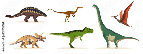 Set of ancient multicolored dinosaurs in cartoon style. Vector illustration of predators and herbivores  prehistoric reptiles.