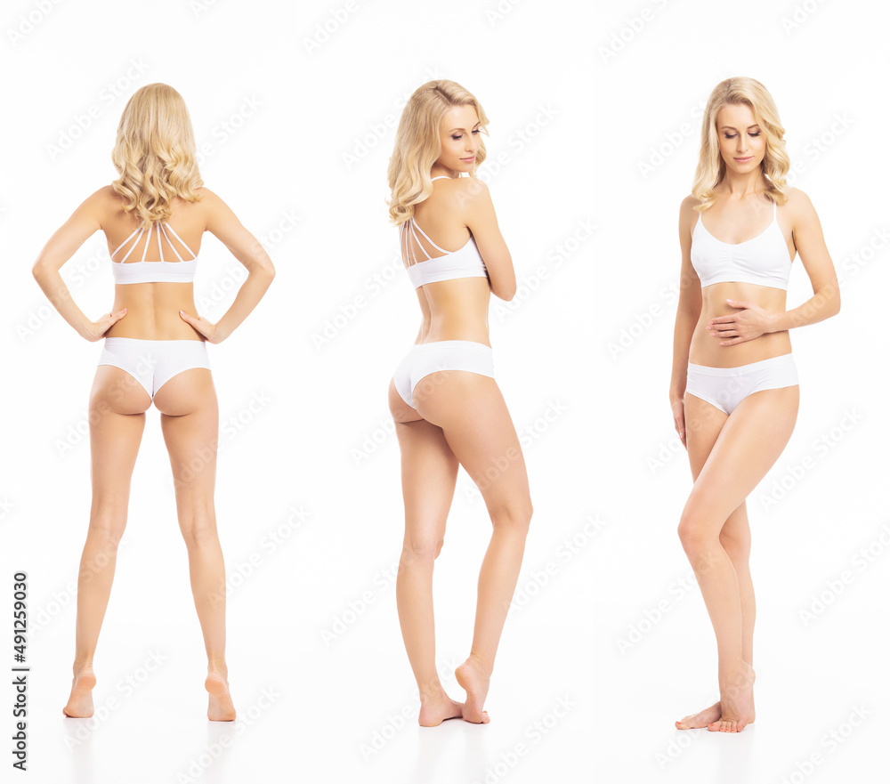 Young, fit and beautiful blond woman in white swimsuit isolated on white background - set collection. Healthcare, diet, sport and fitness concept. Young, fit and beautiful blond woman in white swimsuit isolated on white background - set collection. Healthcare, diet, sport and fitness concept.