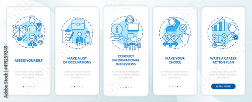 Steps to select career path blue onboarding mobile app screen. Walkthrough 5 steps graphic instructions pages with linear concepts. UI, UX, GUI template. Myriad Pro-Bold, Regular fonts used