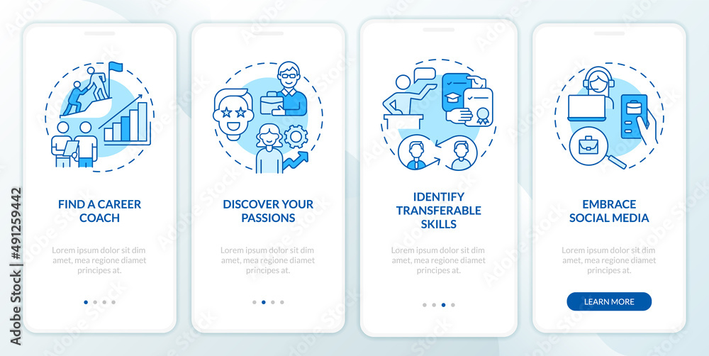 What to do if you made bad job choice blue onboarding mobile app screen. Walkthrough 4 steps graphic instructions pages with linear concepts. UI, UX, GUI template. Myriad Pro-Bold, Regular fonts used