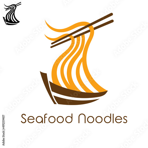 Seafood noodles get on top wooden boat logo vector.
