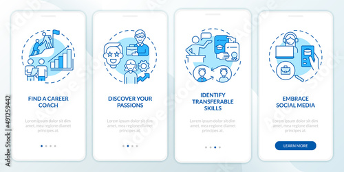 What to do if you made bad job choice blue onboarding mobile app screen. Walkthrough 4 steps graphic instructions pages with linear concepts. UI, UX, GUI template. Myriad Pro-Bold, Regular fonts used