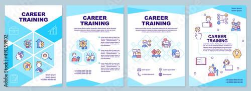Career training turquoise brochure template. Affordable education. Leaflet design with linear icons. 4 vector layouts for presentation, annual reports. Arial-Black, Myriad Pro-Regular fonts used