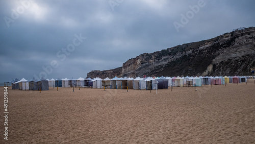 Seasonal canvas tents on the Nazaré beach Estremadura Ribatejo Portugal photo