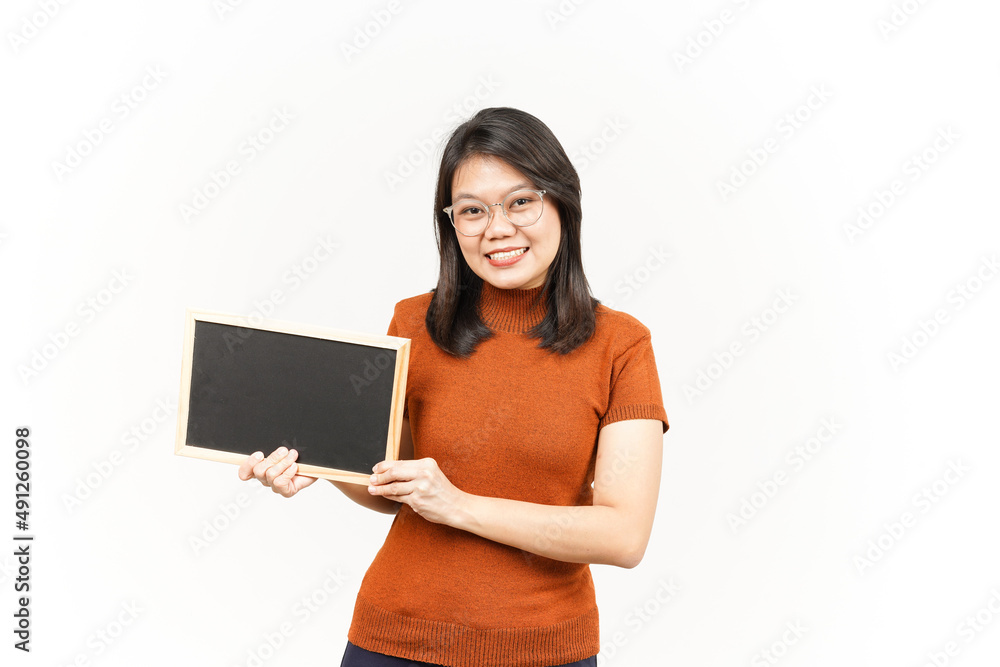 Showing, Presenting and holding Blank Blackboard Of Beautiful Asian Woman Isolated On White Showing, Presenting and holding Blank Blackboard Of Beautiful Asian Woman Isolated On White