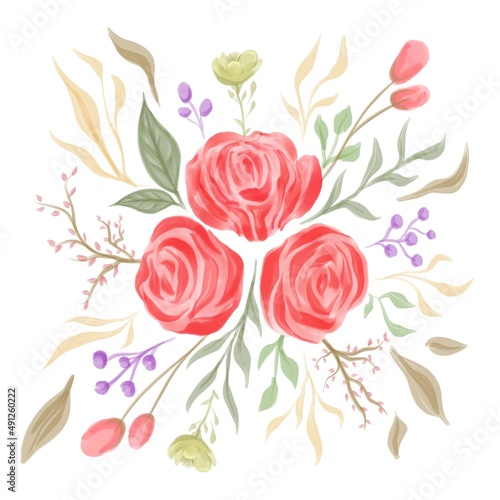 Seamless watercolor floral pattern - pink red roses bouquet and branches composition on white background for wrappers, wallpapers, postcards, greeting cards, wedding invitations, romantic events.