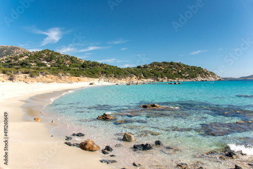 crystal clear water and white sand in Porto sa ruxi beach, Villasimius